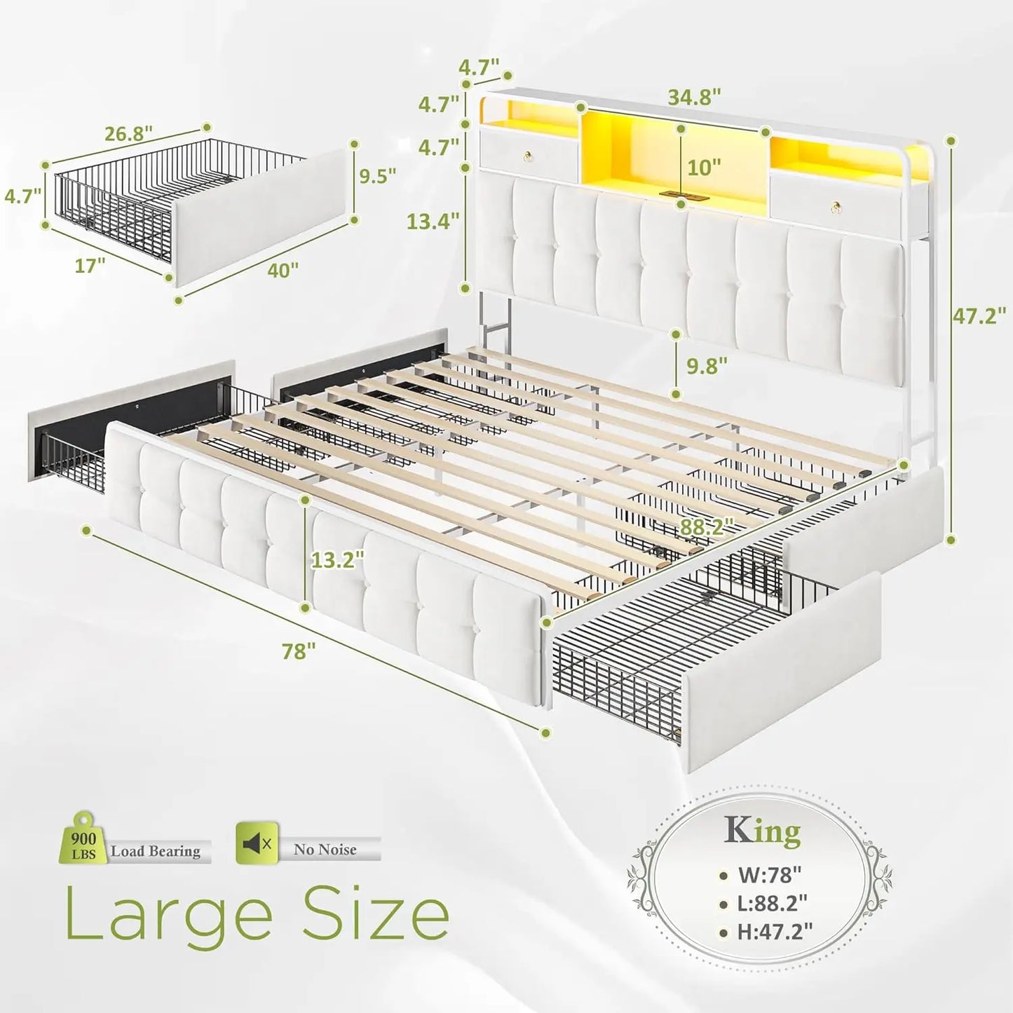 King Size Bed Frame with 4 Drawers and Storage Headboard, King Bed Frame Built in Charging Station and LED Lights, No Noise