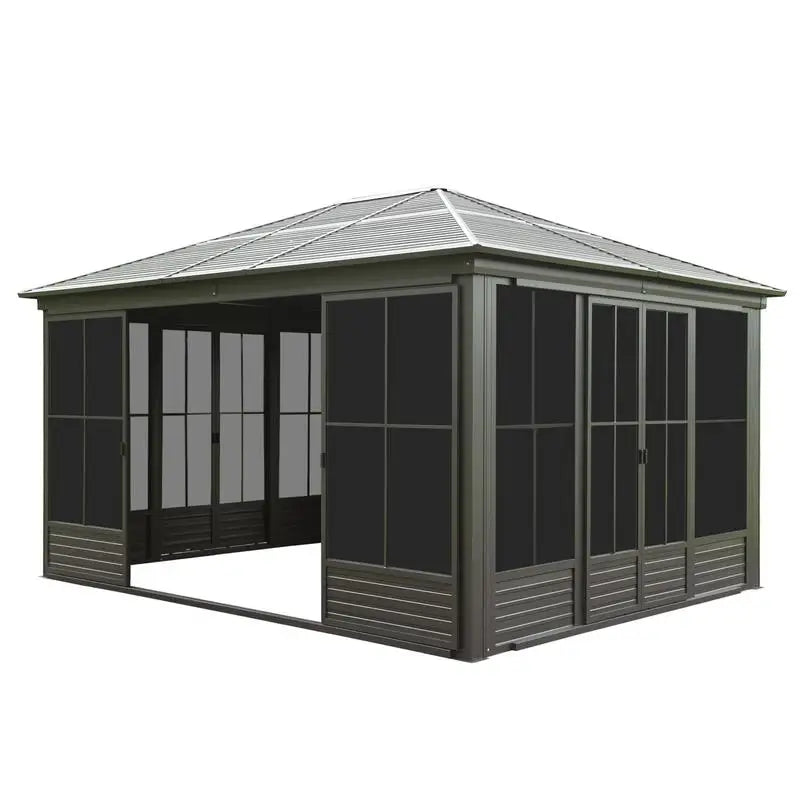 12x14FT Outdoor Gazebo, Steel Hardtop Sunroom with Sloping Roof, All-Weather Aluminum Screen House for Patio, Deck, Backyard,