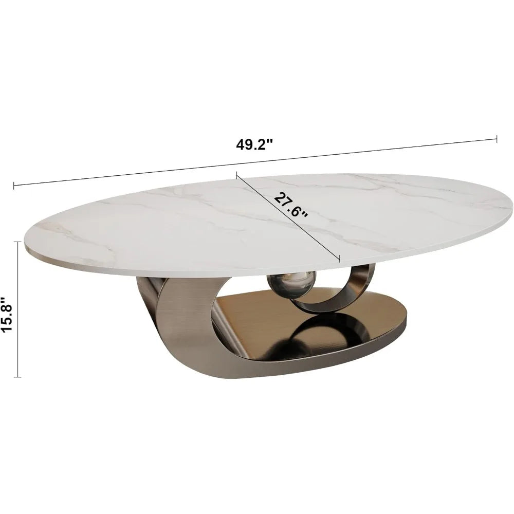 Oval Coffee Table for Living Room, Modern Center Table with Faux Marble Tabletop and Sculptural Stainless Steel Base, Silver+Whi