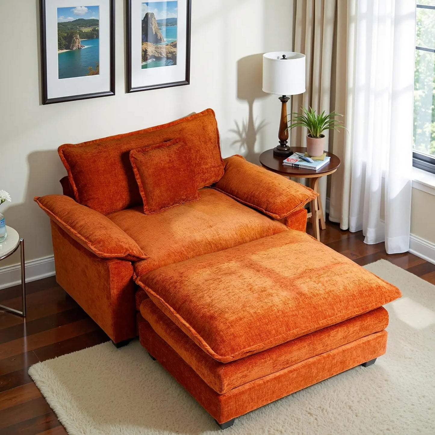 Oversized Accent Chair with Ottoman,Oversized Chaise Lounge Chair Indoor with Deep Seat，Reading Chair Comfy Chenille Sofa