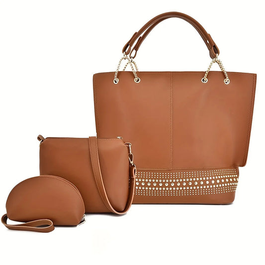 3Pcs Fashion  Decor Tote Bag Set, Solid Color Large Capacity Handbag With Crossbody Bag And Purse, Perfect Handle Bag For Daily