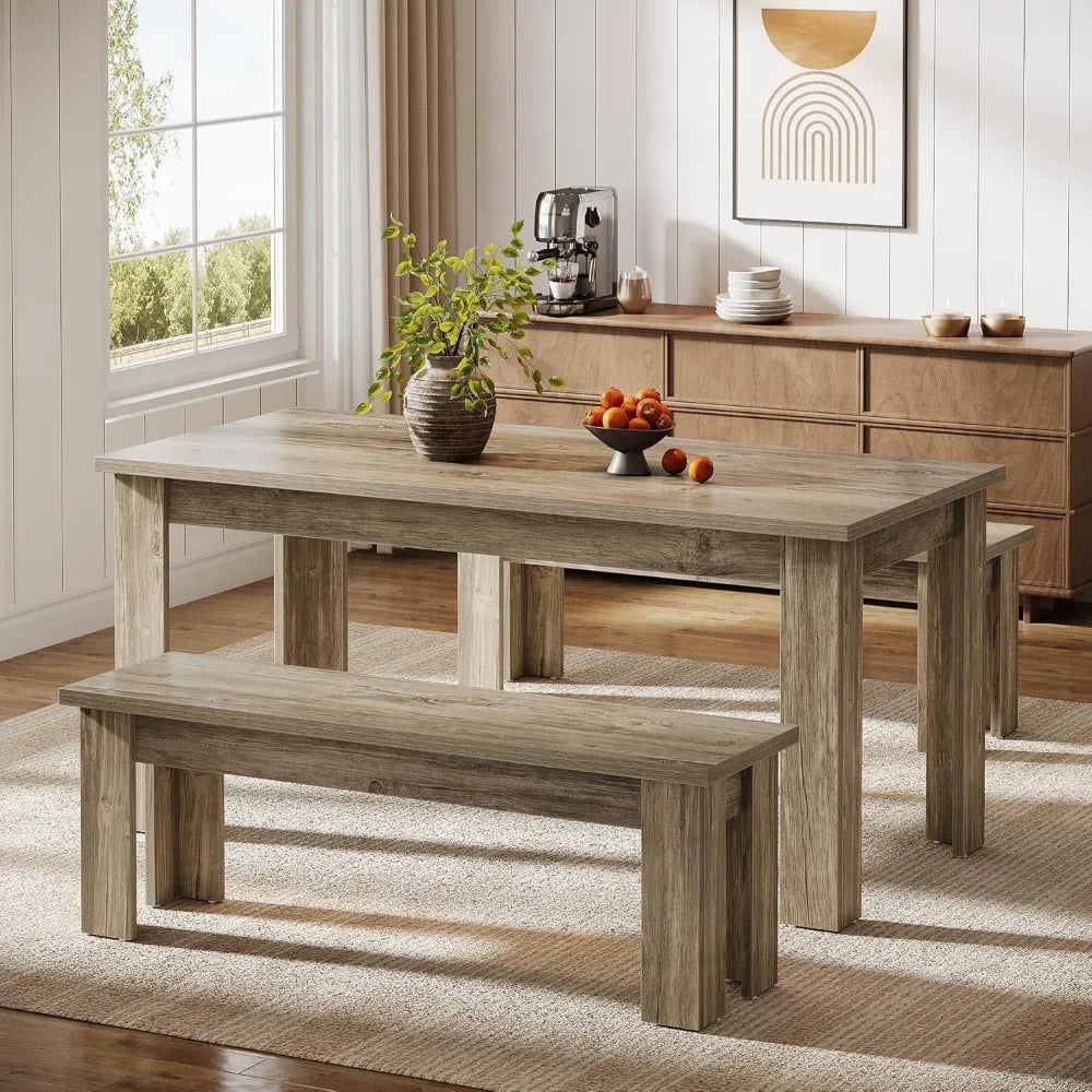 rectangular 55.1-inch dining table set for 6 with 2 benches and 3 wooden pieces