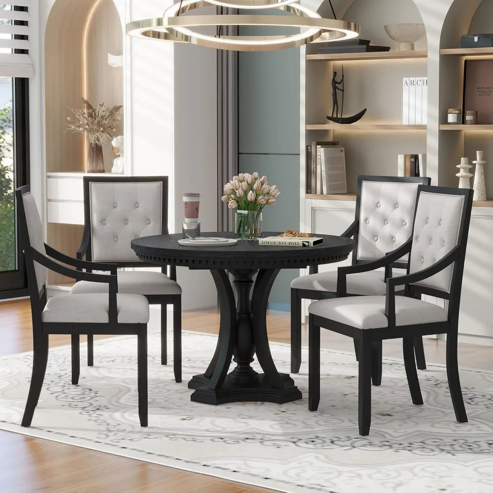 5 Pieces Dining Table Set Round Kitchen Extendable Dining Table with 4 Wood Chairs for Dining Room, Chair with Cushion, Bistro