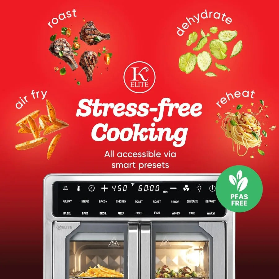 16 Quart French Door Air Fryer Oven Family Size Countertop Convection Cooker with LED Display Stainless Steel for LargeScale Ho