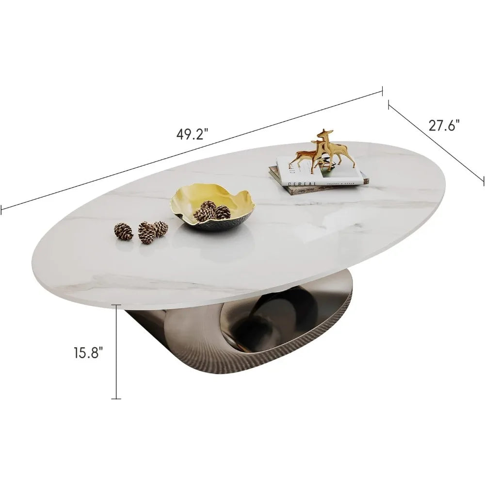 Modern Oval Stone Coffee Table with Gray Metal Base - Elegant Centerpiece for Stylish Living Rooms - 49.2" Lx27.6 Wx15.8 H