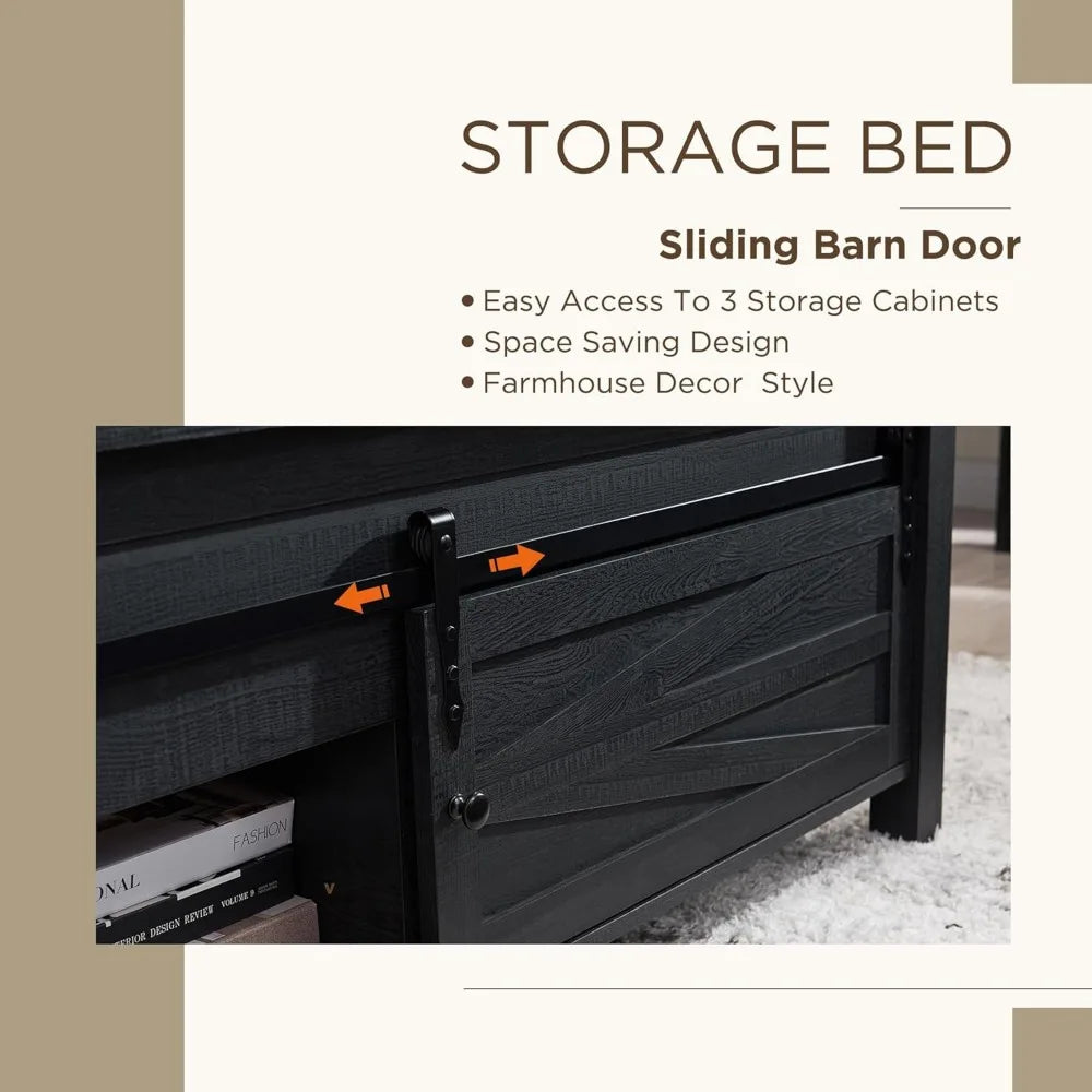 JXQTLINGMU Farmhouse Wood Bed Frame King Size with Sliding Barn Door Storage Cabinets and Headboard, Solid Wood Slats Support, N