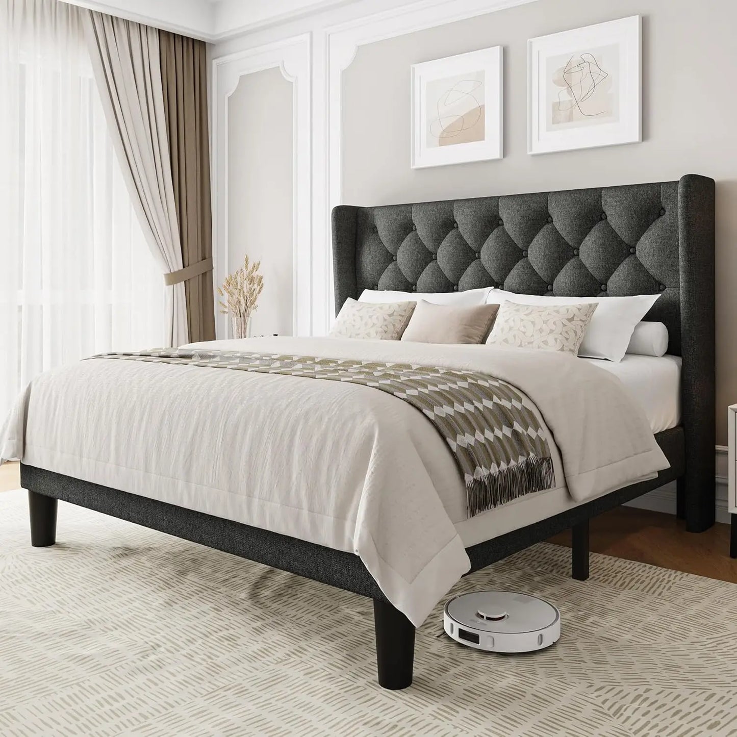 Full Size Upholstered Bed Frame with Wingback Headboard, Fabric Linen Platform Bed, 8" Under Bed Storage, Wooden and Metal Slats