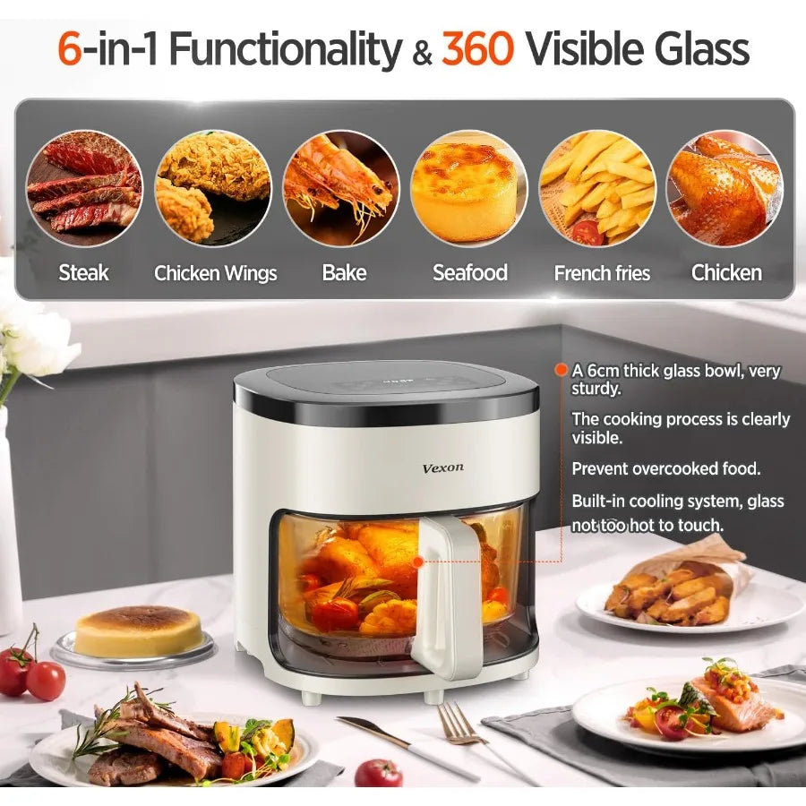 6IN1 Glass Air Fryer 4.5QT with Viewing Glass Pot for Air Frying Roasting Reheating Dehydrating and Air Crisping Technology Non