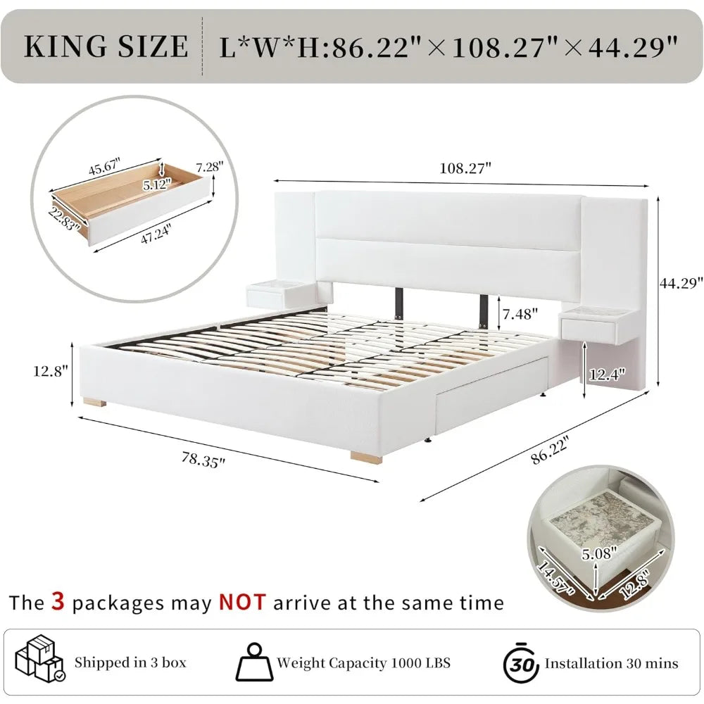 King Size Upholstered Platform Bed Frame with Built-in Nightstands 2 Side Storage Drawers Linen Headboard Sturdy Metal Frame