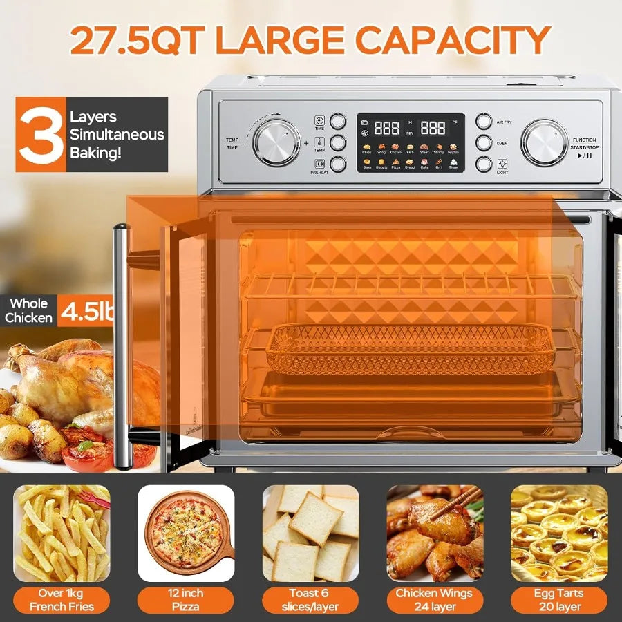 27.5QT French Door Air Fryer Toaster Oven Combo Countertop Oven with 14 Presets Digital Control Stainless Steel Large Toaster O