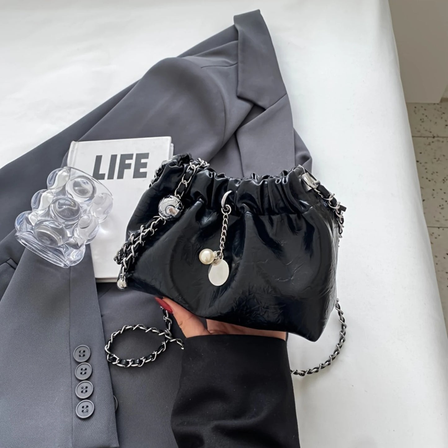 Black PU Leather Chain Crossbody Purse with Faux Pearl Charm for Women, Versatile Walking Bag