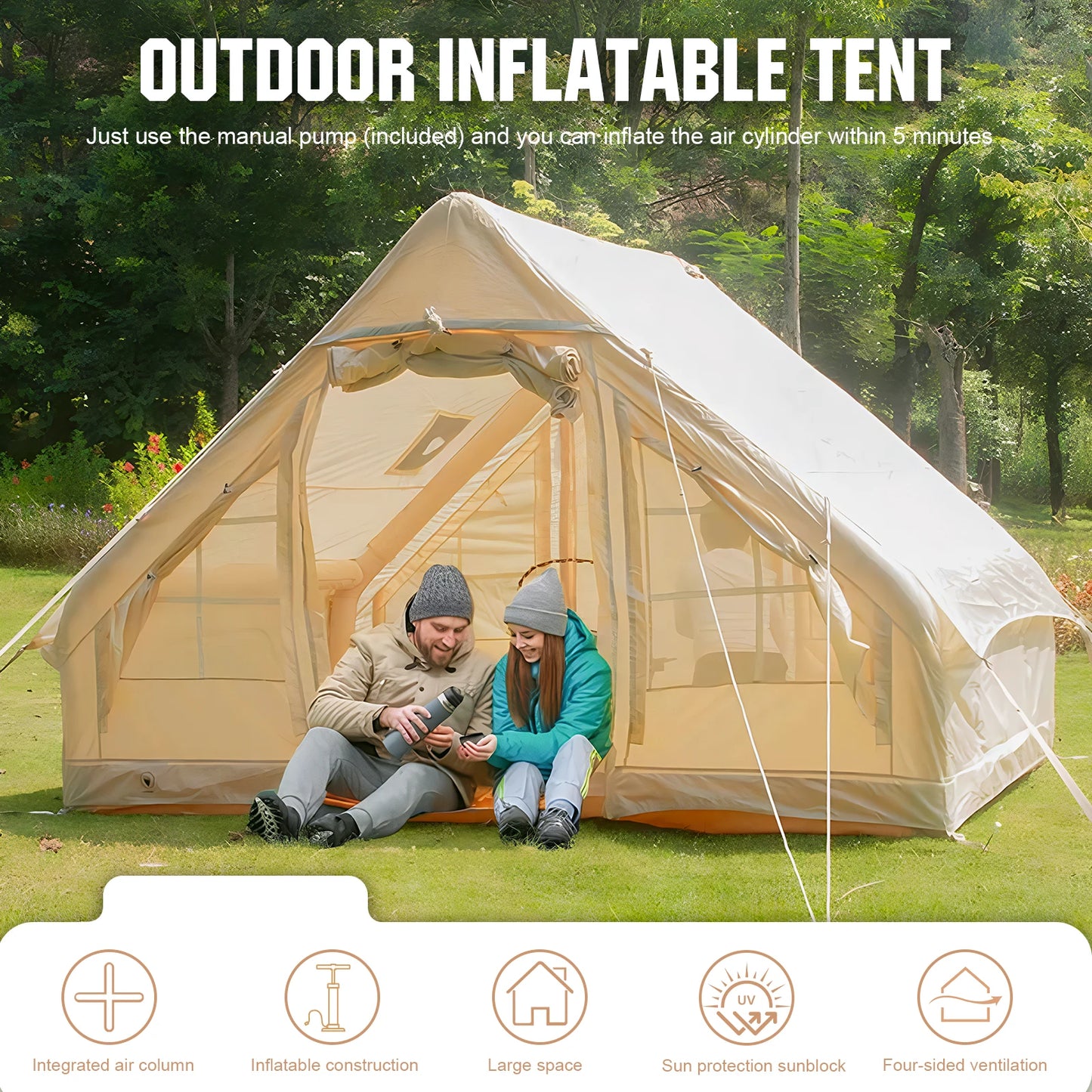 Inflatable Tent 4 Season Portable Glamping Tent with Hand Pump Air Family Tunnel Tent Oxford Fabric 4-6 Person House