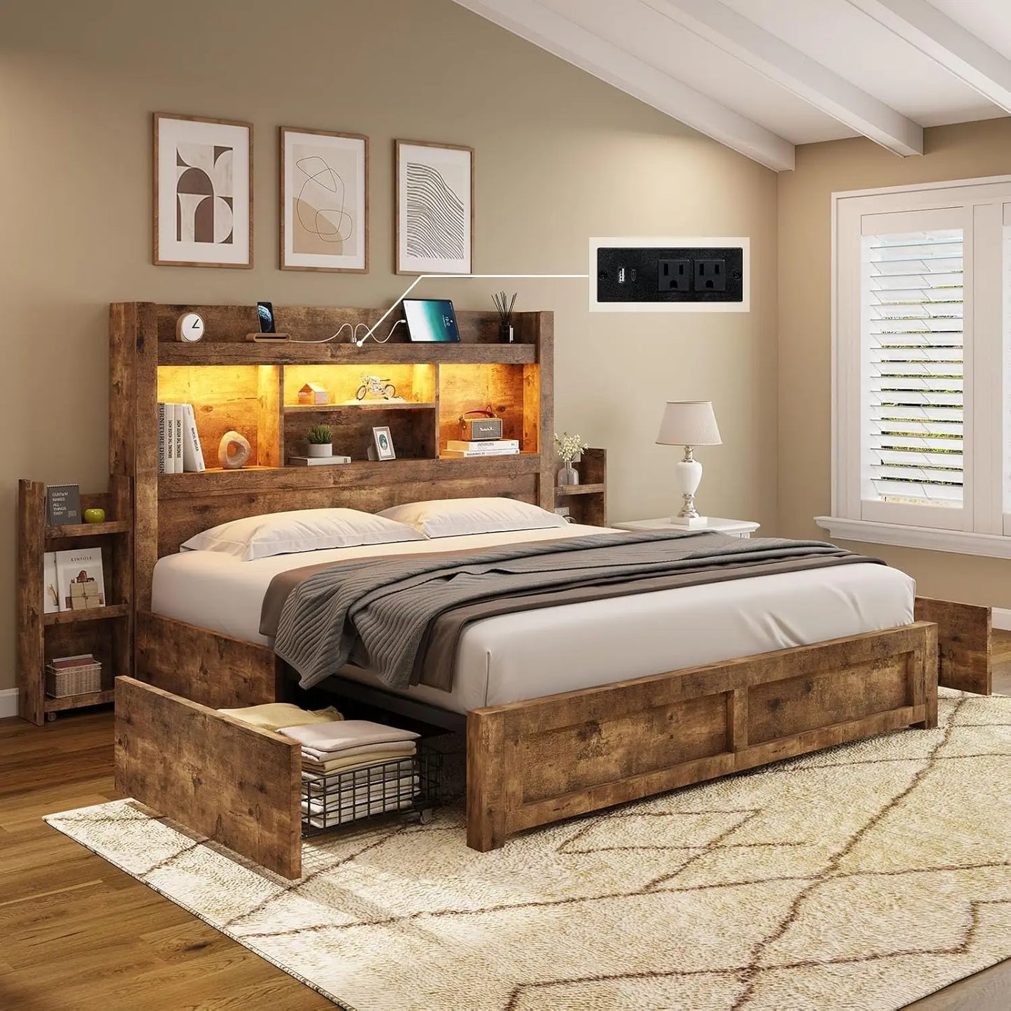 King Size Bed Frame with 4 Storage Drawers, LED Bed Frame with 49“ Tall Bookcase Headboard, Wood Platform Bed with Charging