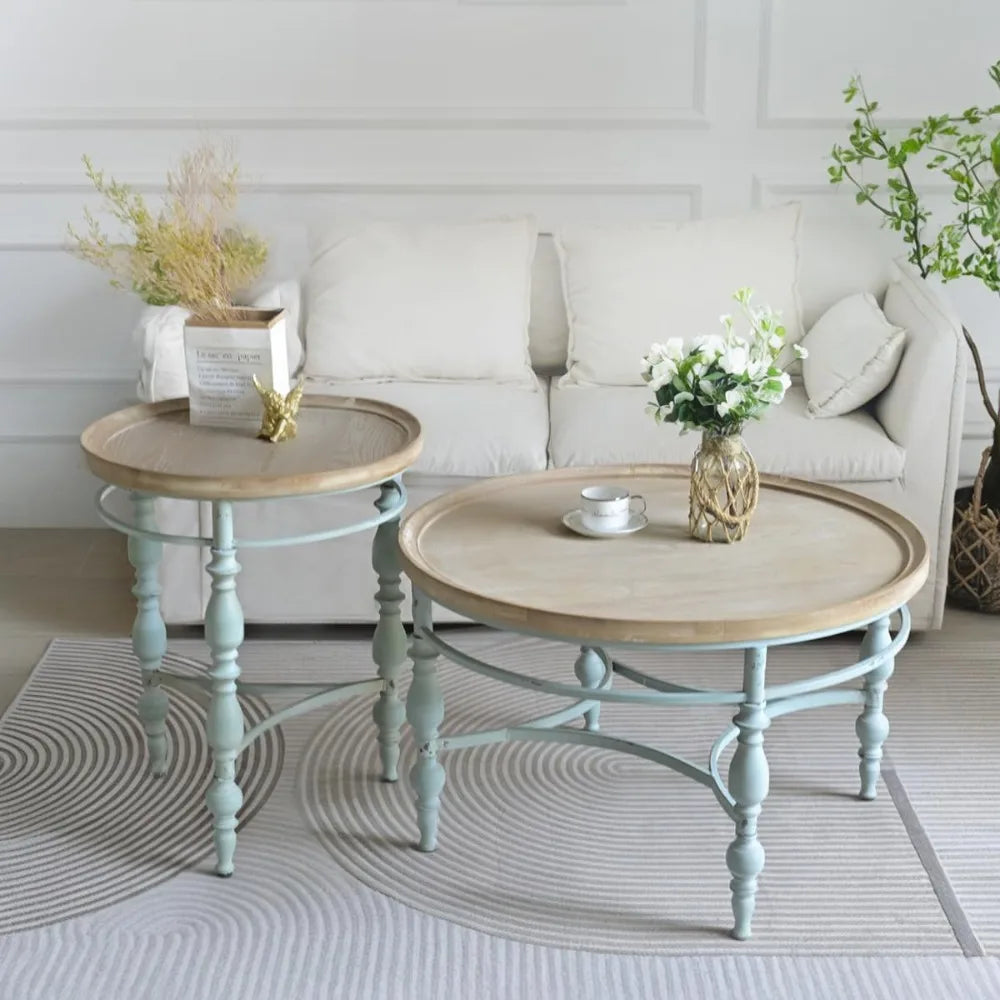 Rustic Farmhouse Round Coffee Table, French Country Vintage Center Table,φ31.5'' x18.9''H Rustic Solid Wood with Vintage Iron Le