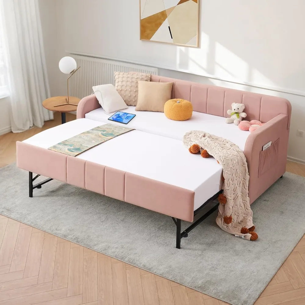 Twin Size Daybed with Pop Up Trundle Bed,Velvet Twin to King Size Day Bed Frame with USB Ports&Side Pockets,Upholstered Extendab