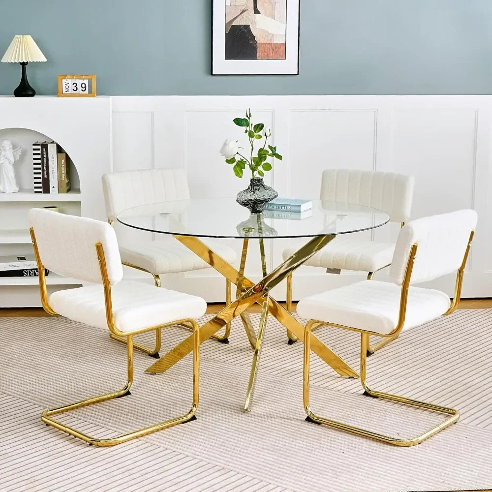 47 Inch round Glass Dining Table for 4 Clear Tempered Glass Top Gold Metal Legs Circle Dining Table