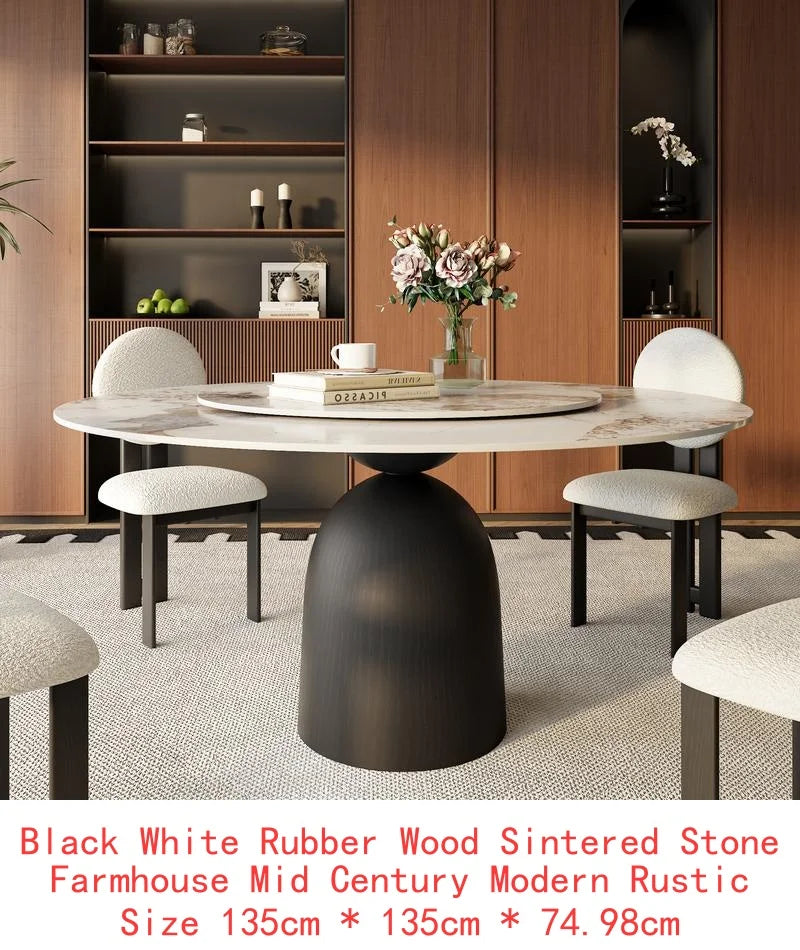 Modern Black Round Dining Table - 53" Colorful Solid Wood with Rotating Lazy Susan and Sintered Stone Top for 6 People