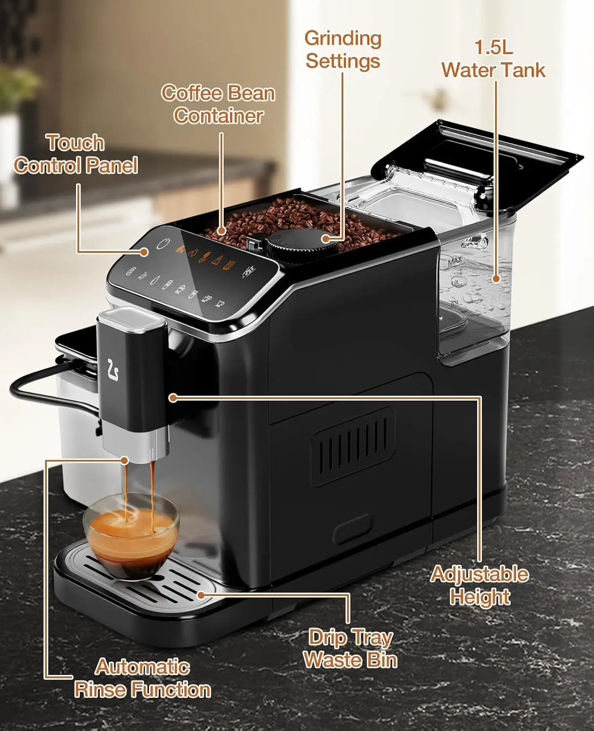 Fully Automatic Espresso Machine with Milk Frother Steam Wand Built-in Grinder Touch Screen Coffee Maker 7 Coffee Varieties