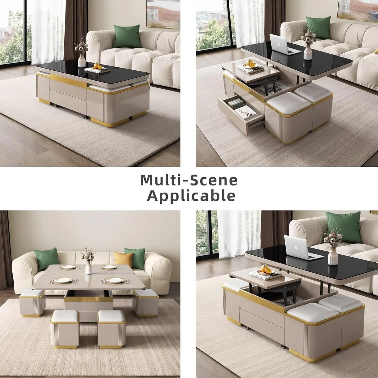 Pull Out Lift Top Coffee Table, Hidden Compartment and Tempered , Modern Folding Converts to Dining Table, Black