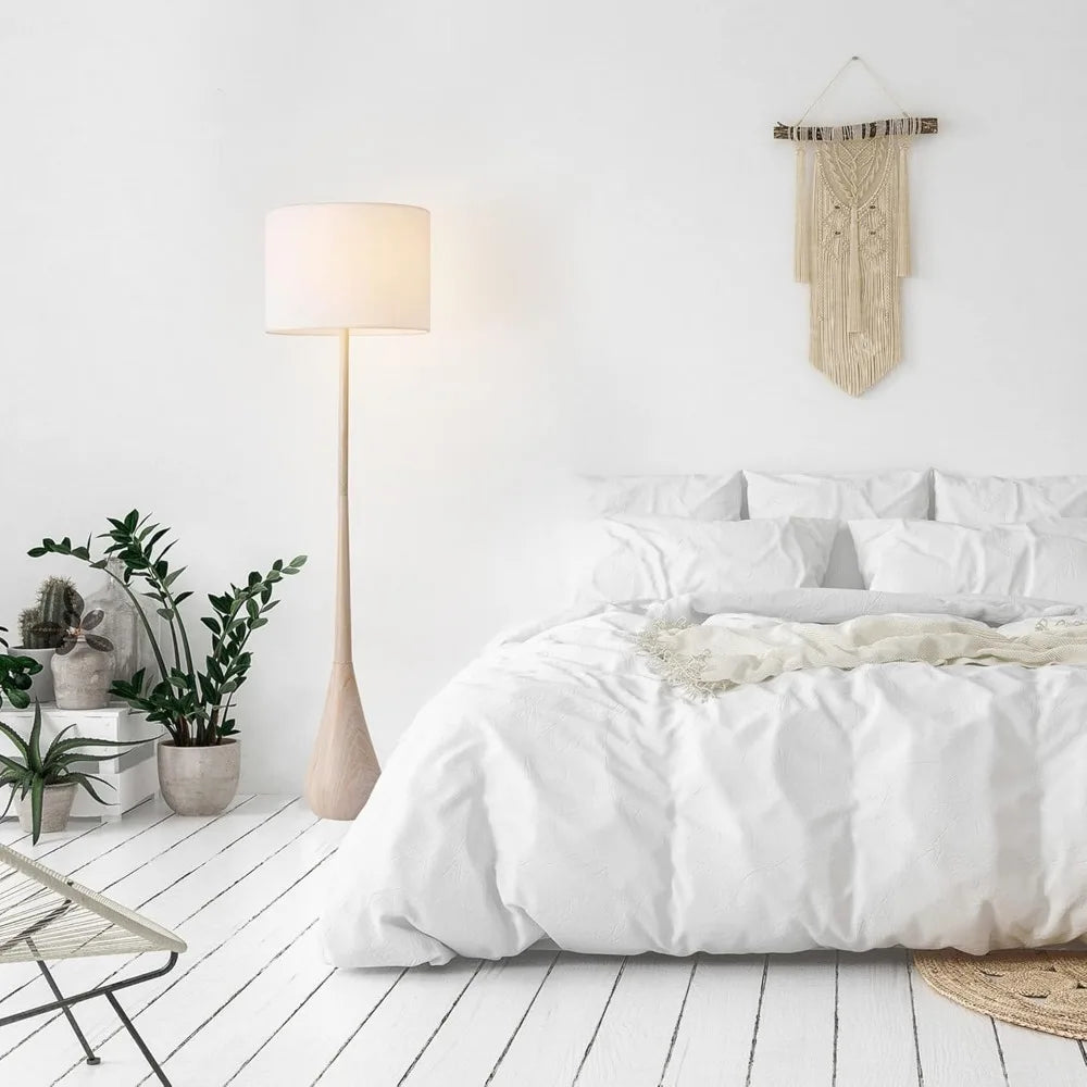 Globe Electric 52112 65 Floor Lamp with Faux Wood Finish, White Cotton Shade, Japandi Style, E26 Base, Suitable for Modern Bedro