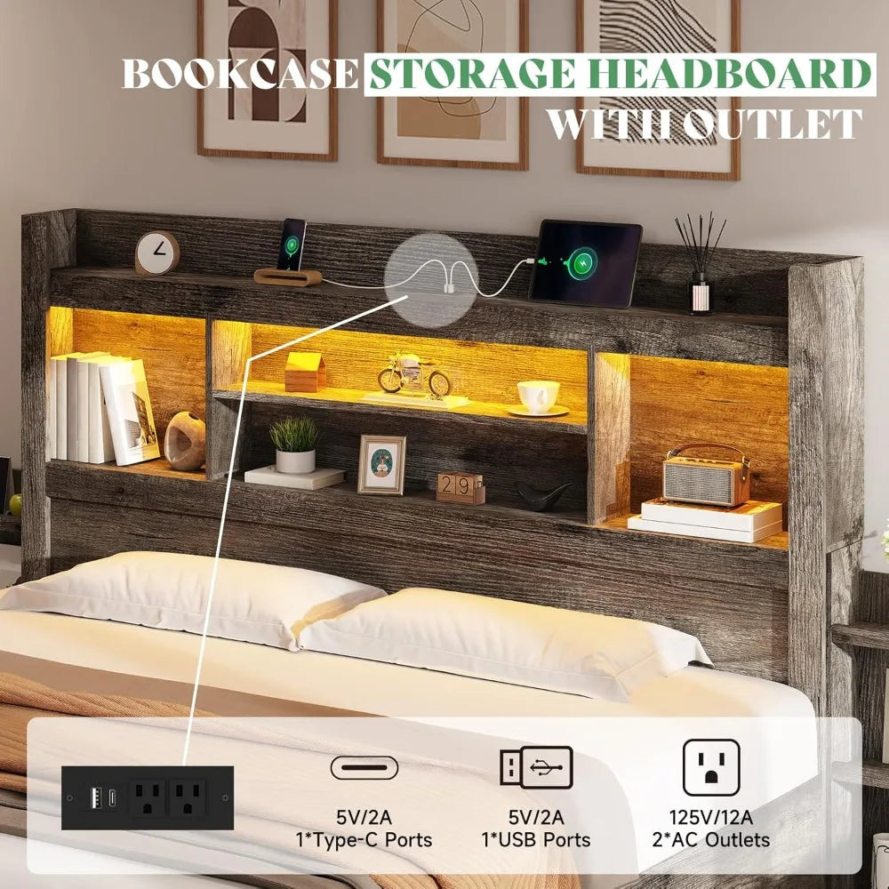 King Size Bed Frame with 4 Storage Drawers, LED Bed Frame with 49“ Tall Bookcase Headboard, Wood Platform Bed with Charging