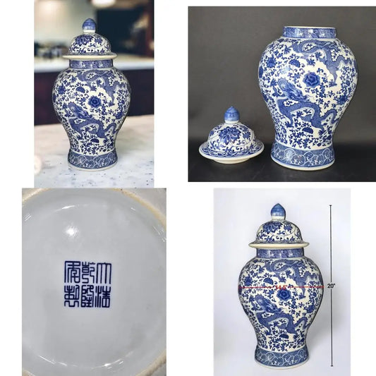 Vintage Blue & White Floral Porcelain Ginger Jar, Large Qing Dynasty-Style Vase with Dragon Motif