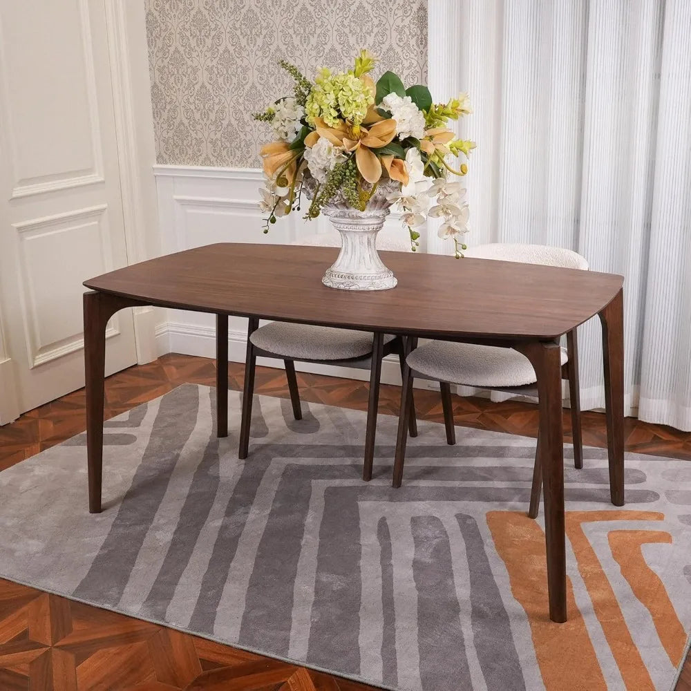 Dining Table for 4-6, Table Only, Walnut Veneer Top, Solid Wood Frame, Round Rectangular Shape,Softly Curved Edges,Elegant Look