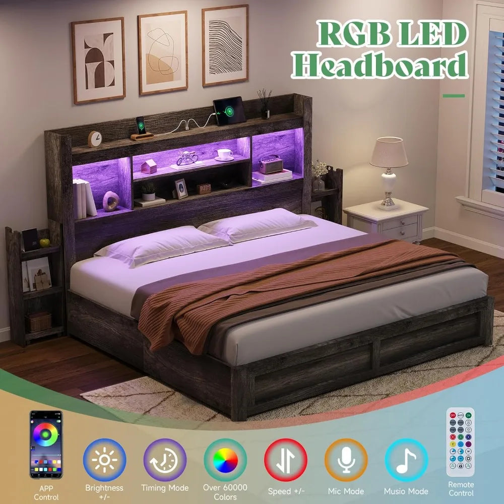 King Size Bed Frame with 4 Storage Drawers, LED Bed Frame with 49“ Tall Bookcase Headboard, Wood Platform Bed with Charging