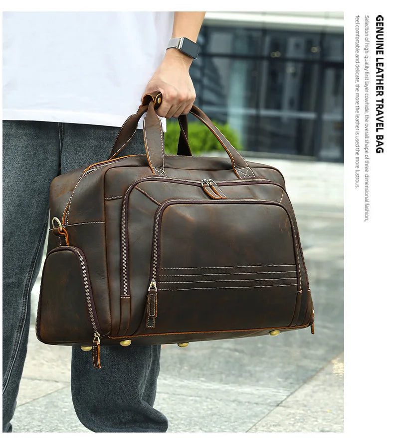 Large Travel Bag Genuine Leather Vintage Style Luggage Bags Men Male Duffle Bags Travelling Bag Weekender Bags for man