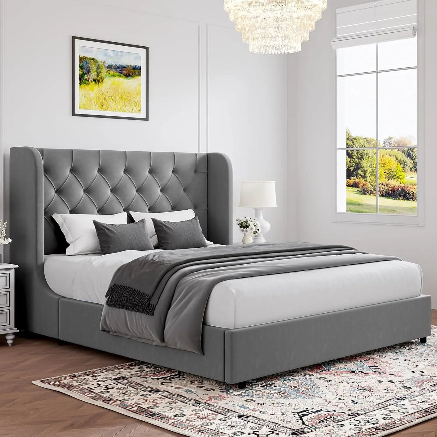 Full Bed Frame, Pink Velvet Upholstered Bed Frame Full with Headboard and Wide Wingback, Sturdy Wooden Slats Support, No Box Spr