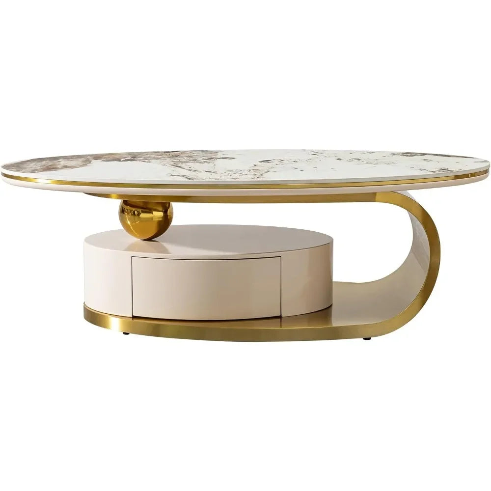 Faux Marble Coffee Table with Drawer,Oval Living Room Table with Metal Base,0.47" Marble Grain Top
