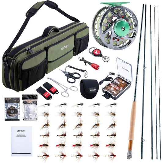 9FT 4Piece Fly Fishing Rod and Reel Combo with PreSpooled Reel Fly Line Flies Leader Tippet Forceps Nipper Gear Case and Comple