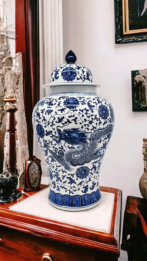 Vintage Blue & White Floral Porcelain Ginger Jar, Large Qing Dynasty-Style Vase with Dragon Motif