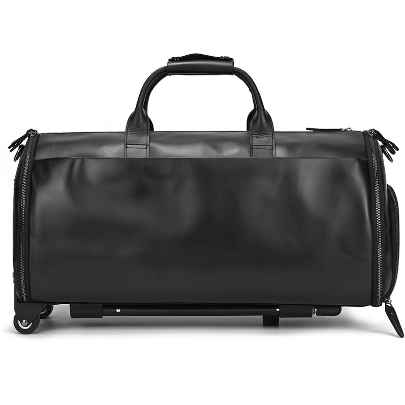 Large Capacity Tolley Case Genuine Leather Handbag with Roller Trolley Bag for Men Male Shoulder Bag for Business with Shoe Bag