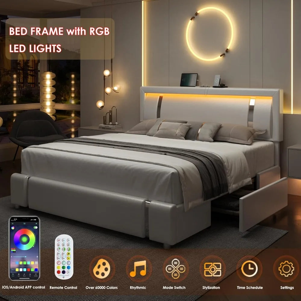 Queen/Full Bed Frame with RGB LED Lights Headboard & 2 Storage Drawers, Sturdy wooden frame, Modern Upholstered Faux Leather Bed