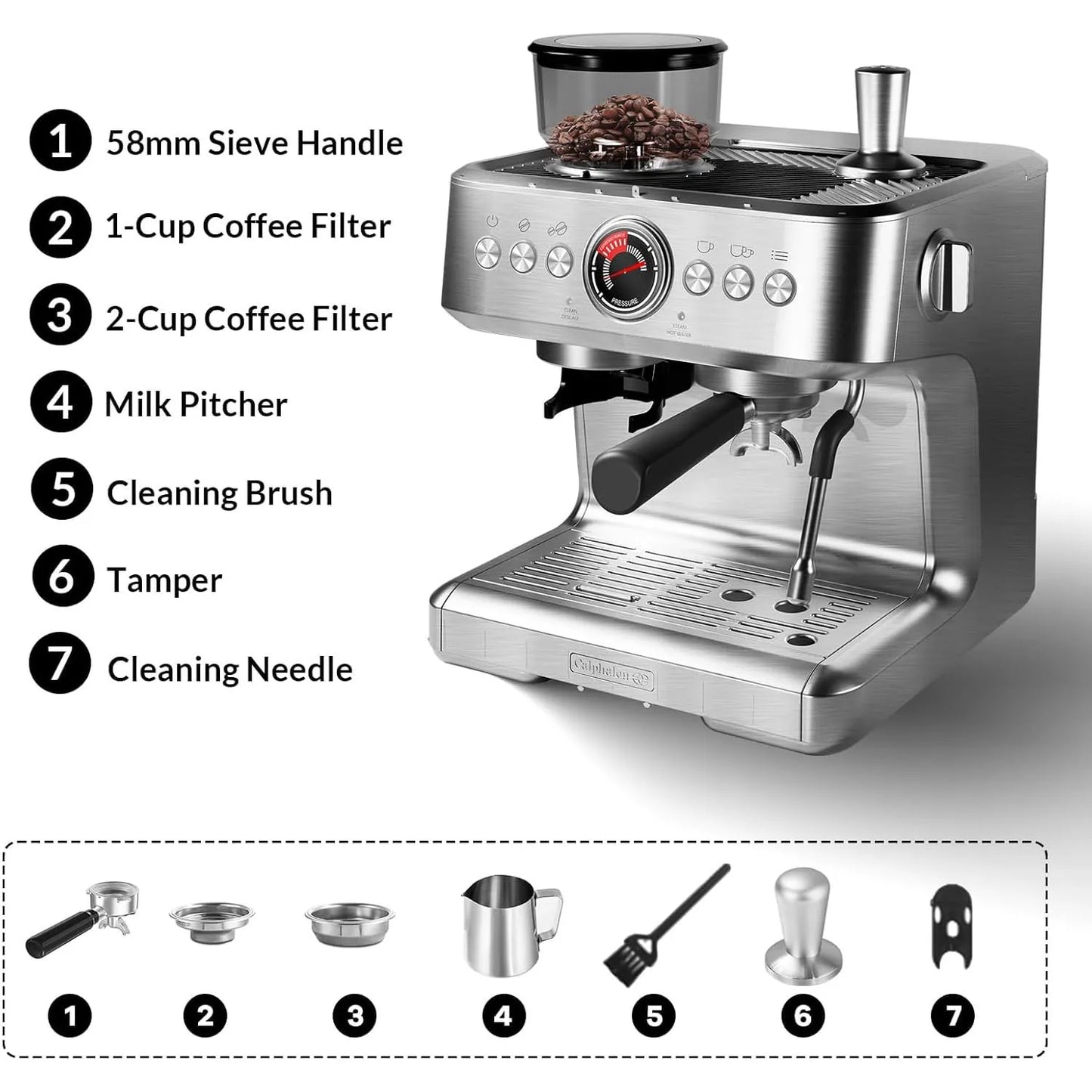 Espresso Machine with Grinder 20 Bar Semi-Automatic Coffee Maker PID Control Milk Frother Steam Wand 95Oz Water Tank for Home