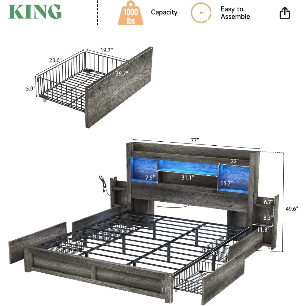King Size Bed Frame with 4 Storage Drawers, LED Bed Frame with 49“ Tall Bookcase Headboard, Wood Platform Bed with Charging