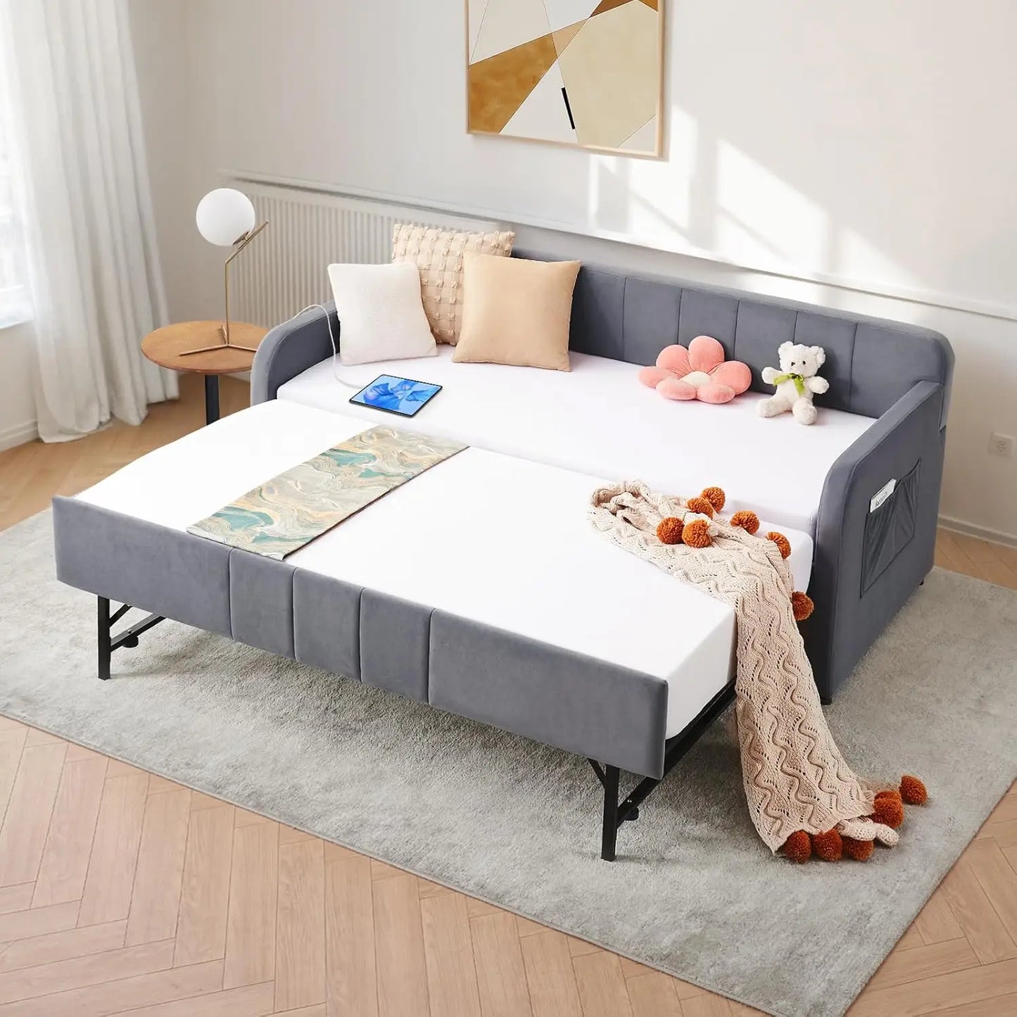 Twin Size Daybed with Pop Up Trundle Bed,Velvet Twin to King Size Day Bed Frame with USB Ports&Side Pockets,Upholstered Extendab