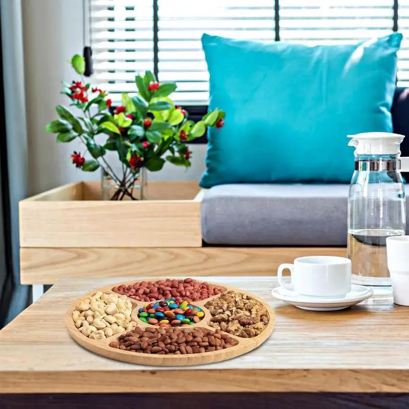 Wooden Divided Serving Trays Appetizer Tray 5 Dining Grids Snacks Bowls Round Serving Tray Serving Dishes Perfect For Parties