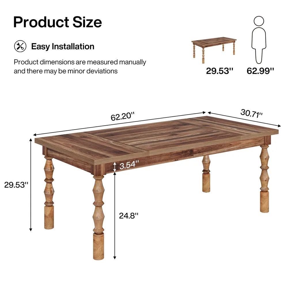 62" Farmhouse Wood Dining Table for 4 to 6 People, Large Rectangle Kitchen Table