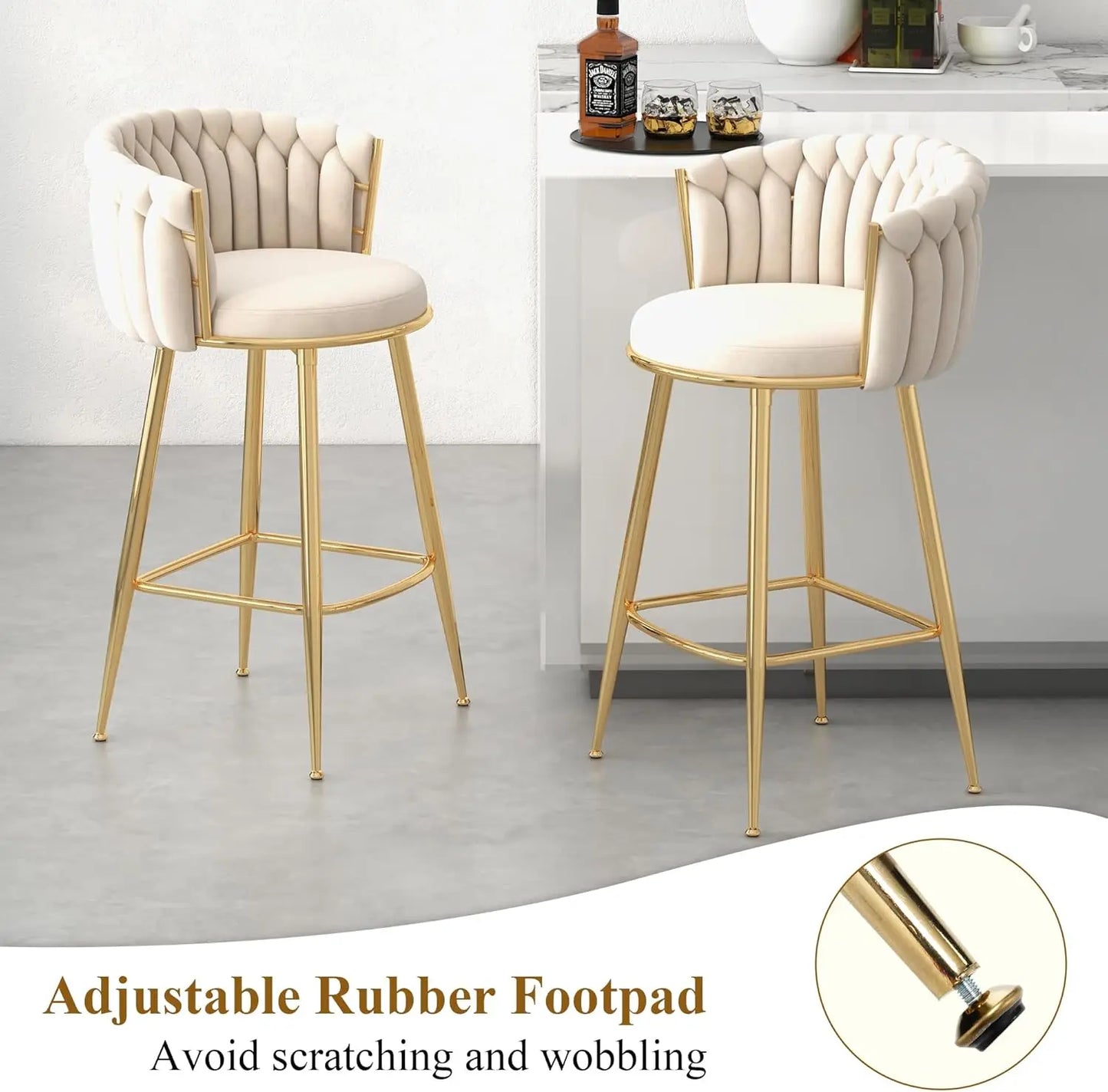 Modern Bar Stools Set of 4, Handmade Woven Back Armrest, Sturdy Golden Metal Legs for Home Dining Kitchen Island, Beige