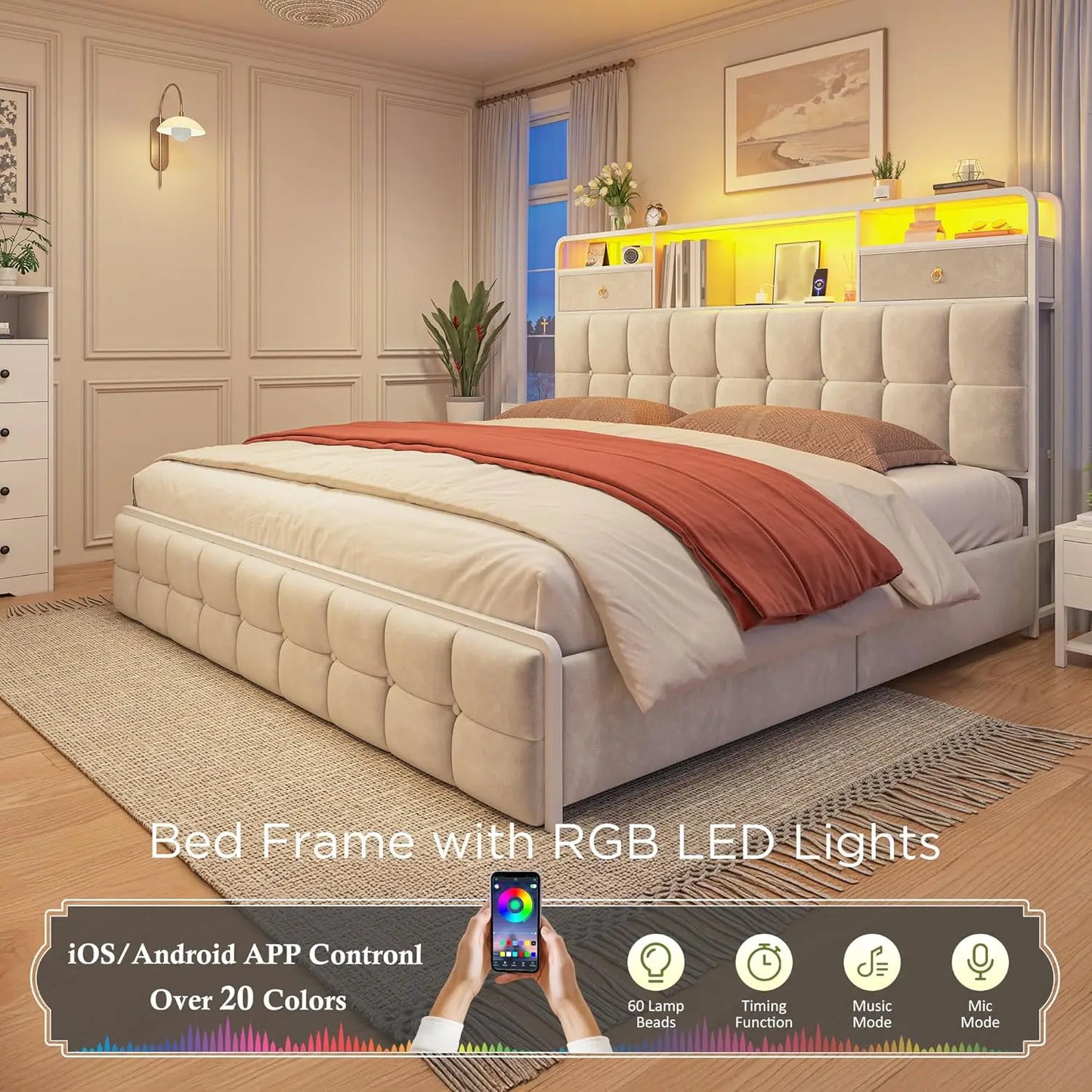 King Size Bed Frame with 4 Drawers and Storage Headboard, King Bed Frame Built in Charging Station and LED Lights, No Noise