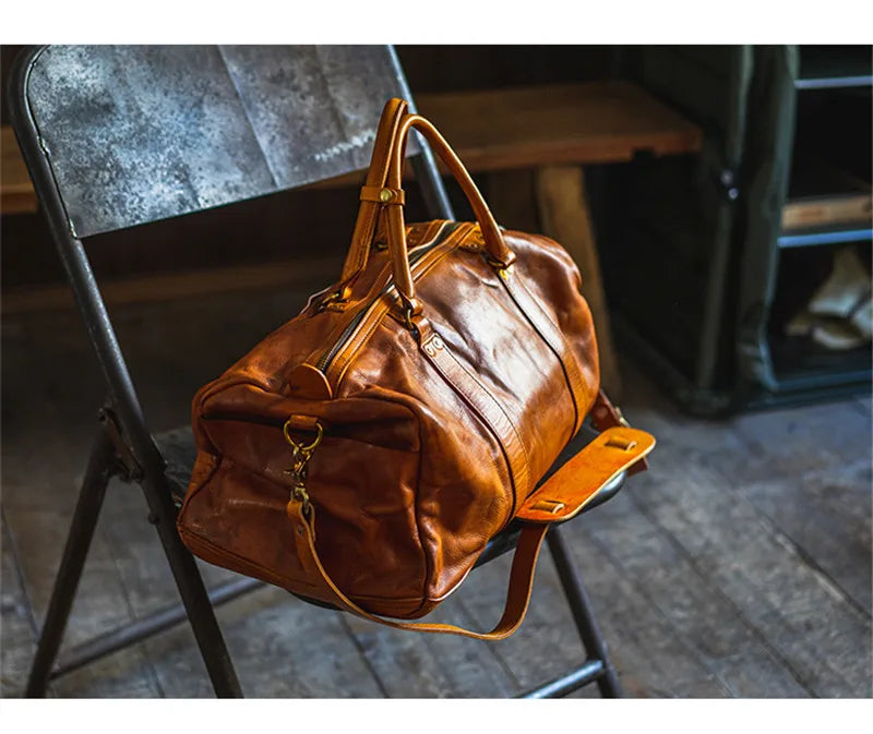 Vintage fashion luxury genuine leather men's travel bag outdoor weekend large capacity crossbody bag real cowhide women handbag