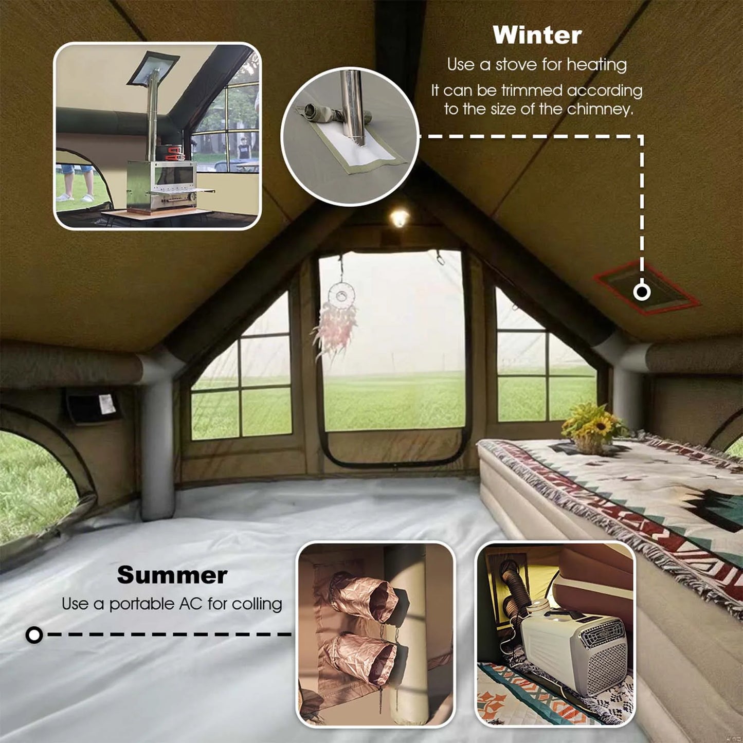 13'x10' Large Inflatable Tent for Camping 8-10 Person, 4 Season Luxury Air Tent with Stove Jack for Outdoor Christmas Camping