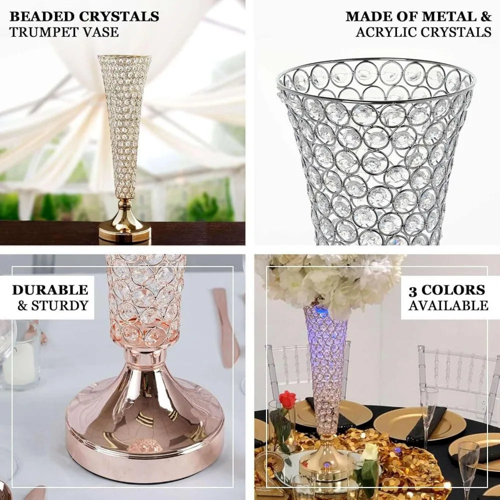 2 Pack Silver 40” Tall Crystal Beaded Trumpet Vase Set, Table Centerpiece