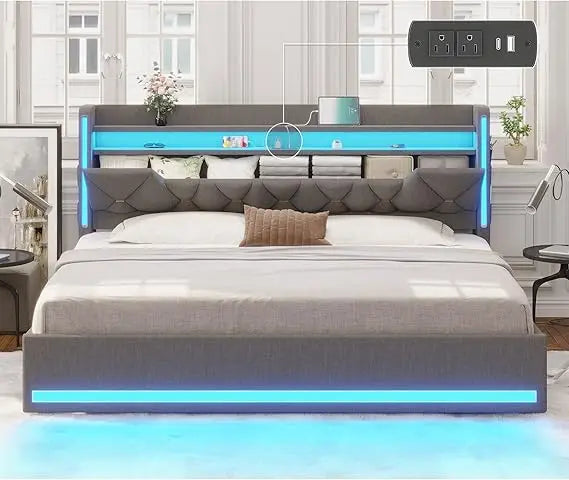 king size bed frame with marshmallow headboard and storage, king bed with led lights & charging station, upholstered platform ki
