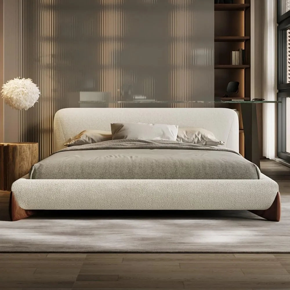 Homary King Upholstered Headboard White Boucle Platform Bed Frame, 88.6 W x 93.7 L, Fits Mattress 76 W x 80 L