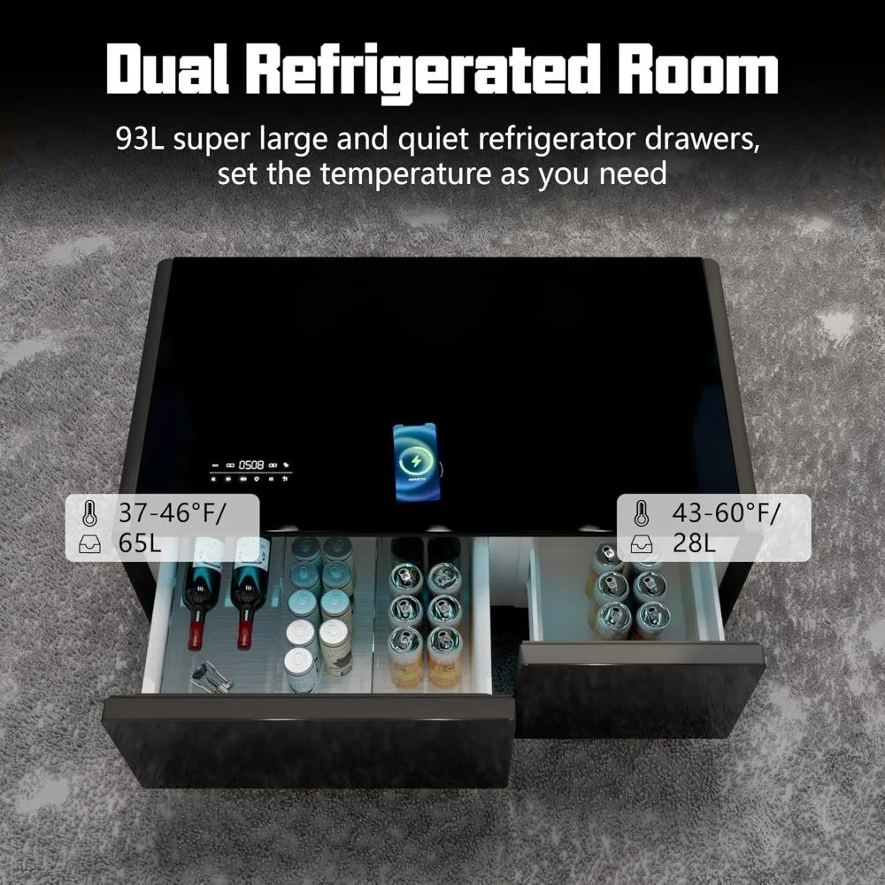 Smart Coffee Table, Living Room Table with Built in Fridge, 23" D x 41.5" W x 18.2" H, 15W Wireless Charging, USB Chargers