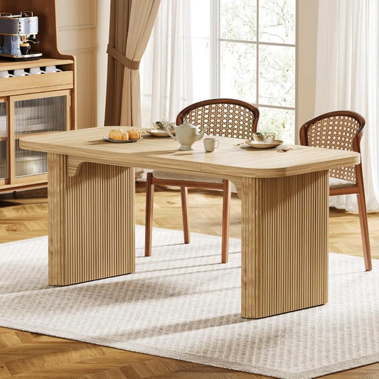 Modern Dining Table for 6 People, 63-Inch Natural Wood Kitchen Table with Double Robust Pedestal, Long Rectangle Wood