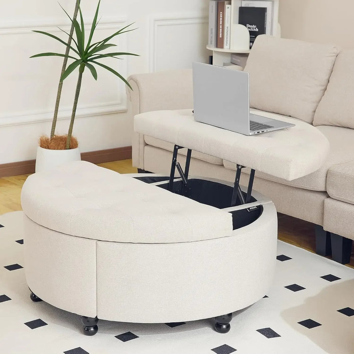 Round Storage Ottoman Coffee Table, Upholstered Coffee Table with Lift Top, 35" Large Ottoman with Storage Linen Fabric